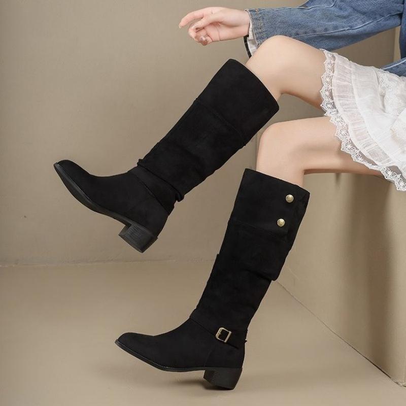 Vintage Fashion Online - レディース スエード スラウチ ロングブーツ、ヴィンテージ ニーハイブーツ、チャンキーローヒール、ファッショナブル ライディングブーツ、カジュアル冬靴