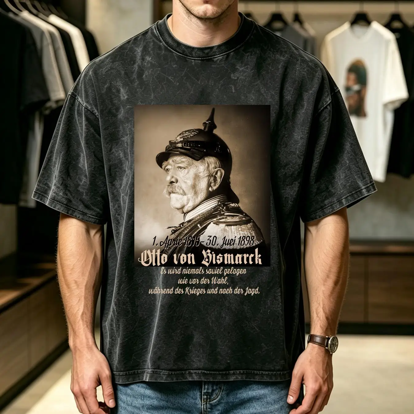 Vintage Fashion Quotes - ウォッシュ加工Tシャツ、オットー・フォン・ビスマルク、高級感のある黒、人気のミリタリーアイテム、ドイツ製、ヴィンテージ、ウォッシュ加工、カジュアル、ストリートウェア、ソフトな素材、ファッション