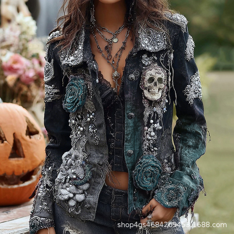 Vintage Fashion Stores - ゴシックパンクスカルローズ刺繍ジャケット女性ハロウィンヴィンテージダメージ加工コートストリートウェア Y2K 服死者の日 Csotume