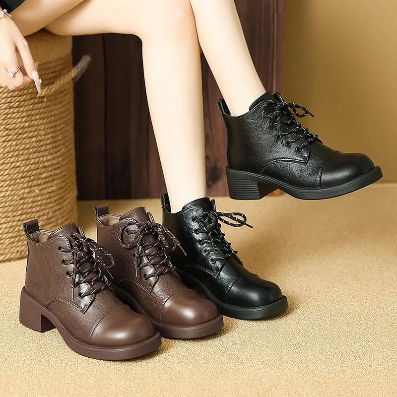 Vintage Outdoor Fashion - 女性ショートブーツ秋冬新ファッションレースアップヴィンテージミドルヒールシューズ屋外ノンスリップ身長増加アンクルブーツ