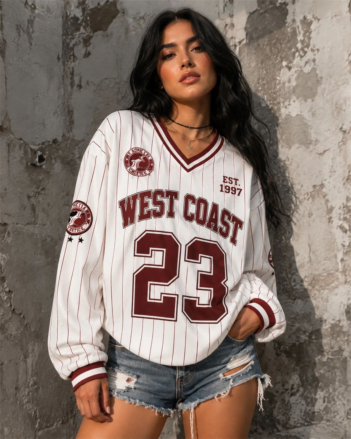 Vintage Fashion Jersey - ウエストコースト23、野球ユニフォーム、レディース、長袖、ヴィンテージ風、スポーツシャツ、秋、カジュアル、ストリートウェア、トップス、ファッションウェア
