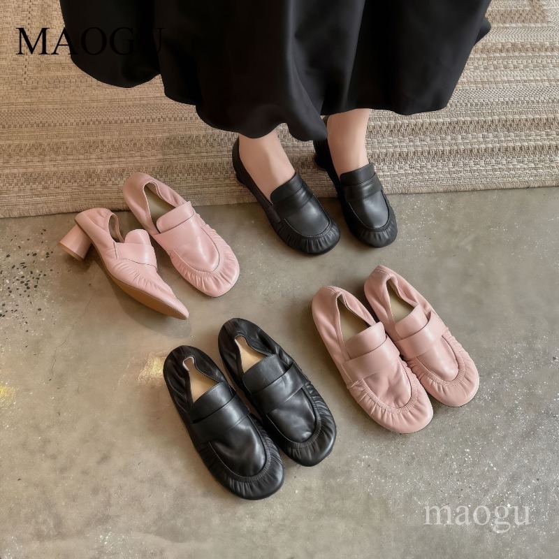 Vintage Fashion Online - ソフトレザーローファー女性のプリーツラウンドトゥスリッポンミッドヒールコンフォートパンプスヴィンテージエレガントレディースカジュアルシューズサイズ35-40