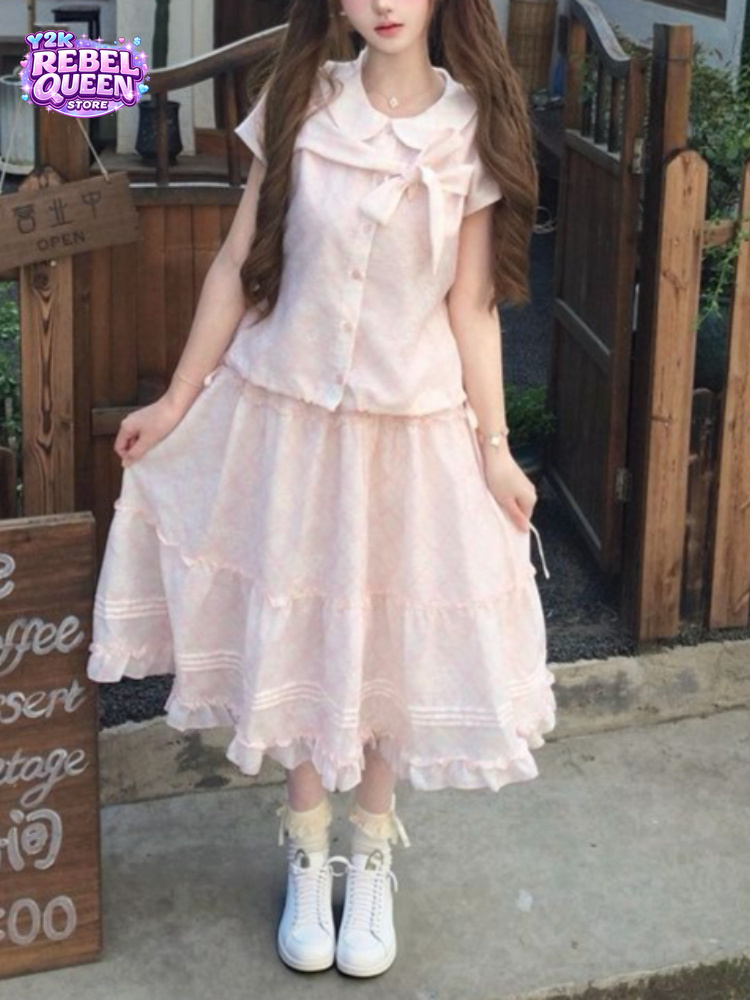 Vintage Fashion Jersey - 日本のヴィンテージ風スイートボウピーターパンカラートップス＋フリルミディスカート レディース2ピースセット ピンク サマーカジュアルファッションシックな服