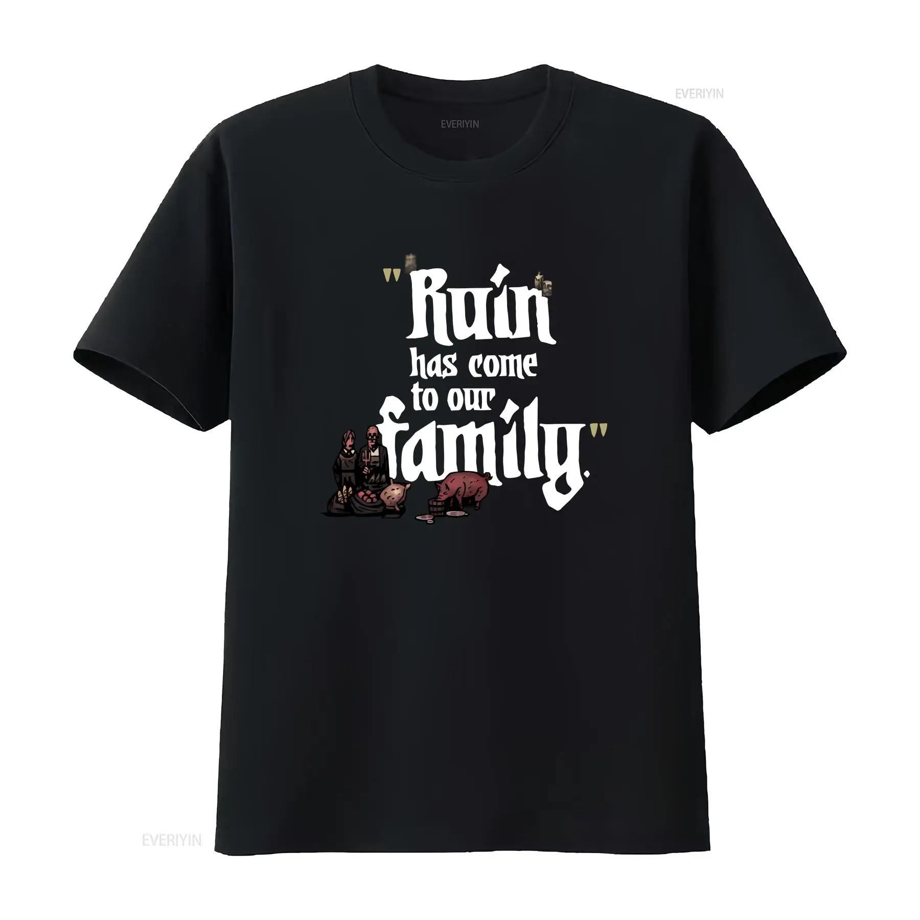 Vintage Fashion Quotes - ダークレストダンジョンの名言をプリントしたTシャツ。破壊が我が家に訪れた、ヴィンテージ風のウォッシュ加工、ストレッチ素材、カジュアルなデザイン、ユニセックス。