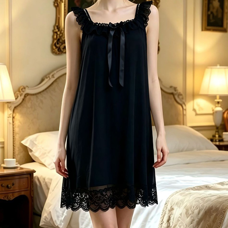 女性スリーピングガウンノースリーブフリルメッシュモーダル V - Vintage Fashion Dresses のレビューと価格